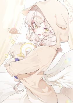 1girl ;d absurdres alternate_costume angel_wings animal_ears animal_hood blonde_hair blue_archive blush commentary fake_animal_ears feathered_wings from_side halo highres hood hood_up hugging_doll hugging_object long_hair long_sleeves looking_at_viewer meunhongcha nagisa_(blue_archive) one_eye_closed open_mouth pajamas slippers smile symbol-only_commentary upper_body white_wings wings yellow_eyes