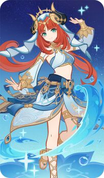 1girl bad_source blue_gemstone closed_mouth dancer dancing detached_sleeves fake_horns floating_hair gem genshin_impact gladiator_sandals gold_sandals gold_thighlet green_eyes hand_up harem_outfit horns jewelry long_hair long_sleeves looking_at_viewer low_twintails nilou_(genshin_impact) official_art puffy_long_sleeves puffy_sleeves red_hair sandals smile solo standing standing_on_one_leg stomach thighlet twintails veil white_veil