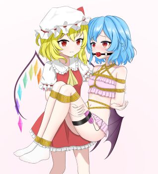 2girls absurdres ai_lei_tv alternate_costume arms_behind_back ascot bat_wings bdsm bikini blonde_hair blush bondage bound bound_arms bound_legs carrying carrying_person chinese_commentary closed_mouth collared_shirt commentary_request crystal crystal_wings fang fang_out flandre_scarlet frilled_bikini frilled_shirt_collar frilled_skirt frills hat highres incest mob_cap multicolored_wings multiple_girls navel one_side_up partial_commentary partially_submerged pink_bikini princess_carry puffy_short_sleeves puffy_sleeves red_eyes red_skirt red_vest remilia_scarlet rope sex_toy shibari shibari_over_clothes shirt short_sleeves siblings simple_background sisters skirt skirt_set smile socks stomach swimsuit touhou vest white_hat white_socks wings yellow_ascot yuri