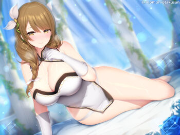 1girl blush bow braid breasts cleavage closed_mouth commentary_request fire_emblem fire_emblem_engage gloves goldmary_(fire_emblem) hair_bow huge_breasts kashiwamochi_yomogi looking_at_viewer nintendo smile solo white_bow white_gloves yellow_eyes