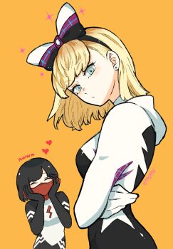 2girls black_bodysuit black_hair blonde_hair blue_eyes bodysuit closed_eyes gwen_stacy happy heart highres long_hair looking_at_viewer marvel multicolored_bodysuit multiple_girls short_hair silk_(marvel) sparkle spider-gwen spider-man_(series) sushi_pizza_rrr white_bodysuit yellow_background