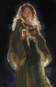 1girl a_song_of_ice_and_fire absurdres alicent_hightower backlighting black_background breasts brown_eyes brown_hair cowboy_shot curly_hair dress earrings gradient_hair green_dress highres jewelry long_hair long_sleeves medieval medium_breasts multicolored_hair sketch solo spanish_commentary vacaharvestmoon wide_sleeves