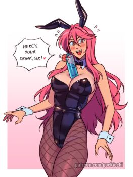 1girl animal_ears black_bow black_bowtie black_leotard black_pantyhose border bow bowtie breasts cleavage cocktail_glass commentary cup detached_collar drinking_glass english_commentary fake_animal_ears fishnet_pantyhose fishnets gradient_background leotard lisa_(pockicchi) long_hair looking_at_viewer object_on_breast open_mouth original outside_border pantyhose pink_background playboy_bunny pockicchi rabbit_ears solo speech_bubble watermark web_address white_border white_wrist_cuffs wrist_cuffs