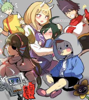1girl 6+boys akamatsu_kaede amami_rantaro animal_ears armor black_hair blonde_hair blush breasts brown_hair chabashira_tenko closed_eyes cosplay danganronpa_(series) danganronpa_v3:_killing_harmony dress eyepatch fortissimo frisk_(undertale) frisk_(undertale)_(cosplay) green_eyes green_hair grey_hair hair_ornament hairpin hood hoodie horns hoshi_ryoma k1-b0 matching_hair/eyes mettaton mettaton_(cosplay) momota_kaito multiple_boys musical_note musical_note_hair_ornament nice_cream_guy nice_cream_guy_(cosplay) oma_kokichi papyrus_(undertale) papyrus_(undertale)_(cosplay) purple_eyes purple_hair robot saihara_shuichi sans_(cosplay) sans_(undertale) shirt short_hair smile suurin_(ksyaro) toriel toriel_(cosplay) undertale undyne undyne_(cosplay) utdr_(toby_fox)