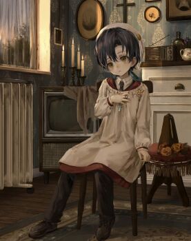 1boy absurdres black_hair black_necktie black_pants bottle brown_shoes candle candlestand chair closed_mouth collared_shirt commentary_request commission cross cross_necklace crt drawing_(object) flower full_body hat head_tilt highres indoors jewelry latin_cross long_sleeves looking_at_viewer metronome namuta necklace necktie on_chair original pants radiator radio robe rose rug shirt shoes short_hair sitting skeb_commission solo television wallpaper_(object) white_hat white_robe white_shirt window wooden_floor yellow_eyes yellow_flower yellow_rose