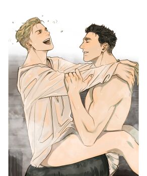 Rule 34 | 2boys, arms around neck, black hair, bottomless, brown hair, closed eyes, commentary, english commentary, feet out of frame, fingernails, hand on another's neck, hans capon, henry of skalitz, highres, kingdom come: deliverance ii, long sleeves, male focus, multiple boys, open mouth, pillarboxed, shirt, short sideburns, sideburns, sitting, sitting on lap, sitting on person, smile, teeth, topless male, upper teeth only, white shirt, xvilja, yaoi