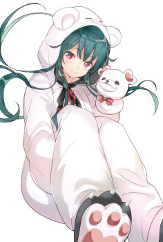 Rule 34 | 029, 1girl, animal costume, animal ears, animal hood, bear costume, bear ears, bear hood, black ribbon, blush, closed mouth, cosplay, green hair, hair ribbon, hand puppet, highres, hood, hood up, hugging own legs, kigurumi, kuma kuma kuma bear, long hair, looking at viewer, official art, puppet, red eyes, red ribbon, ribbon, sidelocks, simple background, sitting, smile, solo, third-party source, white background, yuna (kuma kuma kuma bear)