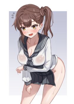 1girl black_neckerchief black_sailor_collar black_skirt blouse blush bottomless braid braided_bangs breasts brown_hair cleavage commentary_request contrapposto cowboy_shot fang flying_sweatdrops highres holding holding_unworn_clothes holding_unworn_skirt ko-no kotobuki_hisako large_breasts long_hair long_sleeves looking_at_viewer miniskirt neckerchief no_bra no_panties open_mouth pleated_skirt sailor_collar school_uniform see-through_clothes seitokai_ni_mo_ana_wa_aru! serafuku shirt side_ponytail skirt solo surprised unworn_skirt wet wet_clothes wet_shirt white_shirt yellow_eyes