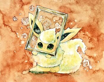 Rule 34 | animal focus, closed mouth, dot mouth, empty picture frame, flareon, gen 1 pokemon, green eyes, nintendo, no humans, non (kumakawayusu), orange background, picture frame, pokemon, pokemon (creature), sitting, solo, traditional media