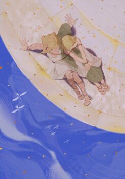 1boy 1girl absurdres armlet bare_shoulders blonde_hair bracelet braid brown_sandals couple crown_braid dress from_above full_body gladiator_sandals hetero highres hollyfig jewelry link long_dress long_hair nintendo pointy_ears princess_zelda sandals short_hair sitting the_legend_of_zelda the_legend_of_zelda:_tears_of_the_kingdom tunic white_tunic