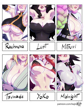 6+girls arachne armpits arms_up arthropod_girl artist_name bare_shoulders bikini bikini_top_only black_dress black_hair blonde_hair body_freckles boku_no_hero_academia bracelet breast_focus breasts bursting_breasts character_name chest_freckles chest_tattoo cleavage covered_erect_nipples domino_mask dress elbow_gloves evil_grin evil_smile eye_mask female_focus freckles fullmetal_alchemist gloves green_hair grin hand_on_own_hip head_out_of_frame highres huge_breasts insect_girl jewelry kajin_(kajinman) kanroji_mitsuri kimetsu_no_yaiba large_breasts long_hair lust_(fma) mask mature_female midnight_(boku_no_hero_academia) mole mole_on_breast mole_on_stomach monster_girl monster_musume_no_iru_nichijou multicolored_hair multiple_drawing_challenge multiple_girls nail_polish naruto_(series) navel no_bra nose patreon_username pink_hair rachnera_arachnera red_hair red_lips scarf sharp_teeth shiny_clothes shiny_skin short_hair silver_hair six_fanarts_challenge skin_tight skindentation smile spider_girl swimsuit tattoo taur teeth tengen_toppa_gurren_lagann thick_lips tsunade_(naruto) underboob veins veiny_breasts watermark web_address white_background yoko_littner