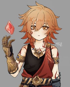 1boy 1nu27ritai aged_down arm_tattoo armlet blonde_hair braid chest_tattoo commentary_request crystal earrings facial_tattoo gold_earrings gold_necklace gradient_hair grey_background honkai:_star_rail honkai_(series) jewelry male_focus medium_hair multicolored_hair mydei_(a_trail_of_bygone_blood)_(honkai:_star_rail) mydei_(honkai:_star_rail) necklace official_alternate_costume red_hair red_tattoo side_braid simple_background solo tank_top tattoo yellow_eyes