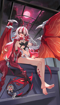 2girls absurdres bare_arms bare_legs blush breasts cape chibi coralie_6626_planck coralie_6626_planck_(behold!_fate-defying_dragon) dragon_girl dragon_horns dragon_tail dragon_wings erdos_helia full_body full_moon gauntlets hairband head_wings highres honkai_(series) honkai_impact_3rd horns indoors long_hair moon multicolored_hair multiple_girls naughty_face night night_sky open_mouth pink_pupils red_cape red_hair red_moon red_scales sharp_teeth sitting sky small_breasts smile tail teeth two-tone_hair white_hair wings yellow_eyes yuan_zhen