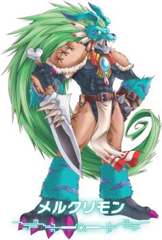 1boy bandai black_bodysuit bodysuit brown_pants character_name copyright_name dagger digimon digimon_(creature) digimon_story:_time_stranger full_body green_hair holding holding_dagger holding_knife holding_weapon knife long_hair mercurymon muscular official_art olympos_xii pants solo translated transparent_background very_long_hair weapon yasuda_suzuhito