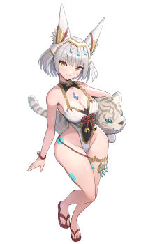 1girl absurdres animal_ears bare_shoulders blunt_bangs blush bracelet breasts cat_ears chest_jewel cleavage closed_mouth collarbone core_crystal_(xenoblade) dromarch_(xenoblade) facial_mark flip-flops gonzarez grey_hair highres jewelry legs looking_at_viewer medium_breasts nia_(xenoblade) one-piece_swimsuit sandals short_hair simple_background smile solo stuffed_animal stuffed_toy swimsuit thighs white_one-piece_swimsuit xenoblade_chronicles_(series) xenoblade_chronicles_2 xenoblade_chronicles_3 yellow_eyes