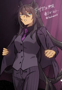 Rule 34 | 1girl, animal ears, artist name, black jacket, black pants, black shirt, black vest, blue eyes, collared shirt, dark-skinned female, dark skin, formal clothes, hair between eyes, hair ornament, highres, horse ears, horse girl, horse tail, jacket, looking at viewer, mobuyama sol, necktie, open clothes, open jacket, pants, pinstripe jacket, pinstripe pants, pinstripe pattern, purple background, purple necktie, shirt, solo, striped clothes, striped jacket, striped pants, suit, symboli kris s (umamusume), tail, translation request, twitter username, umamusume, vertical-striped clothes, vertical-striped jacket, vertical-striped pants, vest, white mouth