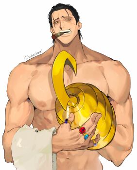 1boy abs absurdres aqua_gemstone arms_up bara black_hair blue_gemstone cigar collarbone crocodile_(one_piece) gem hair_slicked_back highres hook hook_hand jewelry looking_to_the_side male_focus multiple_rings muscular muscular_male navel nipples nude one_piece open_mouth pectorals red_gemstone ring shihoritsu sideways_glance signature simple_background solo teeth towel white_background yellow_eyes