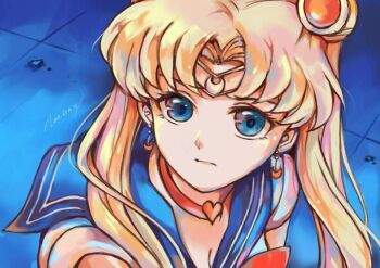 1girl bishoujo_senshi_sailor_moon blonde_hair blue_eyes blue_sailor_collar bow bowtie breasts choker circlet cleavage closed_mouth crescent crescent_earrings crescent_facial_mark debris derivative_work double_bun earrings expressionless eyelashes facial_mark forehead_mark gold_circlet hair_bun hair_ornament heart heart_choker jewelry lan_sing leotard light_frown lips long_hair magical_girl meme parted_bangs red_bow red_bowtie red_choker sailor_collar sailor_moon_redraw_challenge_(meme) screenshot_redraw short_sleeves signature sleeved_leotard solo tile_floor tiles tsukino_usagi twintails upper_body very_long_hair white_leotard