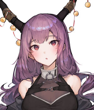 1girl :o absurdres arknights bare_shoulders black_horns black_shirt blush christmas christmas_ornaments commentary english_commentary hato_(hatotoou) highres horns long_hair looking_up o-ring parted_lips purple_hair red_eyes shirt simple_background solo strap typhon_(arknights) upper_body white_background