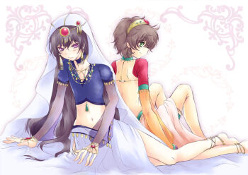 Rule 34 | 00s, 2boys, bad id, bad pixiv id, black hair, brown hair, code geass, crossdressing, crossdressing (mtf), green eyes, gypsy, kururugi suzaku, lelouch vi britannia, multiple boys, muu, purple eyes, trap