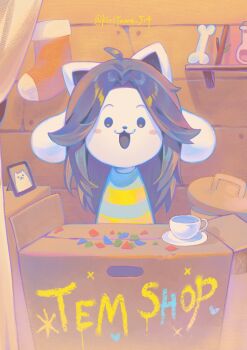 :3 :d absurdres ahoge animal animal_focus annoying_dog black_eyes blue_shirt blush_stickers bone box christmas_stocking commentary cup curtained_hair curtains english_commentary english_text flask grey_hair halftone halftone_background highres indoors kiriyume leaf long_hair looking_at_viewer open_mouth parted_bangs picture_frame plate round-bottom_flask shelf shirt simple_background smile solid_circle_eyes solo stick straight-on striped_clothes striped_shirt temmie tongue twitter_username two-tone_shirt undertale upper_body utdr_(toby_fox) white_fur wooden_wall yellow_shirt