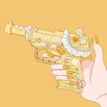 Rule 34 | 1girl, asuka (a20 suka002018), bow, commentary request, cute weapon, decoden, gem, gingham bow, gun, hand focus, heart, highres, holding, holding gun, holding weapon, object focus, original, solo, translation request, variant set, weapon, yellow background, yellow nails, yellow theme