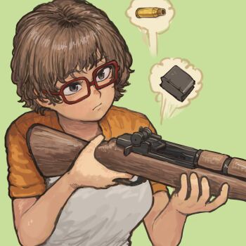 1girl absurdres breasts brown_eyes brown_hair casing_ejection chanta_(ayatakaoisii) clip_(weapon) closed_mouth firing glasses green_background gun highres holding holding_gun holding_weapon looking_ahead m1_garand original red-framed_eyewear rifle shell_casing shirt short_hair short_sleeves simple_background solo t-shirt upper_body weapon
