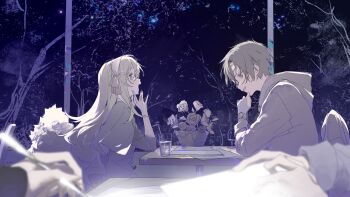 1boy 1girl 2others absurdres bare_tree blurry blurry_foreground cape chair commentary dress drinking_straw flower from_side glass hairband highres holding holding_paper holding_pen hood hoodie indoors kagerou_project kozakura_marry long_hair menu mo011010 multiple_others muted_color night paper pen rose seto_kousuke short_hair sitting sky star_(sky) starry_sky symbol-only_commentary table tree upper_body white_hairband window