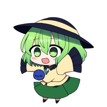 1girl absurdres black_hat blush_stickers chibi commentary_request frilled_sleeves frills full_body green_eyes green_hair green_skirt hat highres komeiji_koishi long_sleeves medium_hair navel no_nose open_mouth shirt skirt sleeves_past_fingers sleeves_past_wrists smile solo third_eye touhou transparent_background yellow_shirt you_(noanoamoemoe)