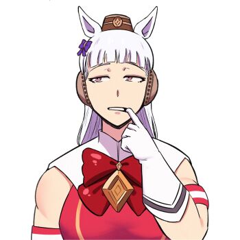 Rule 34 | 1girl, animal ears, armband, bare shoulders, blunt bangs, bow, brown hat, ear bow, ear covers, ear ribbon, finger in own mouth, gloves, gold ship (red strife) (umamusume), gold ship (umamusume), hat, highres, horse ears, horse girl, johnholl0w, looking to the side, meme, monkey thinking (meme), pillbox hat, pink eyes, purple bow, red bow, sleeveless, solo, template, umamusume, upper body, white background, white hair