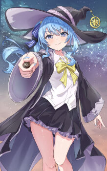1girl absurdres alternate_costume black_hat black_jacket black_skirt blue_eyes blue_hair blue_nails blush cosplay earrings elaina_(majo_no_tabitabi) elaina_(majo_no_tabitabi)_(cosplay) hat highres holding holding_wand hololive hoshimachi_suisei jacket jewelry majo_no_tabitabi nail_polish qussie shirt side_ponytail sidelocks skirt smile solo star_(symbol) star_earrings virtual_youtuber wand white_shirt witch_hat