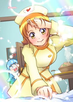 Rule 34 | !?, 2girls, artist name, bedroom, blue hair, blunt bangs, bob cut, breasts, brown hair, burafu maru, closed mouth, door, dress, fever, grabbing another&#039;s shirt, hand on own forehead, happinesscharge precure!, hat, highres, hotpot, infirmary, long hair, long sleeves, medium hair, miniskirt, multiple girls, nurse, nurse cap, oomori yuuko, parted bangs, peeking, plate, porridge, pov, precure, rainbow background, rice porridge, shirayuki hime, skirt, smile, smoke, sneaking, surprised, table, twitter username, yellow dress