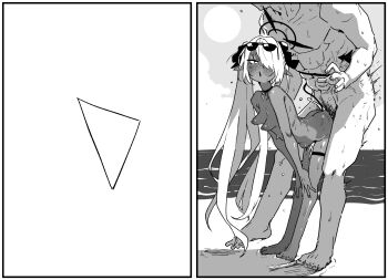 1boy 1girl asahina_yoshitoshi beach blue_archive breasts completely_nude dark-skinned_female dark_skin day demon_tail eyewear_on_head greyscale hair_over_one_eye halo hetero highres iori_(blue_archive) long_hair monochrome nipples nude outdoors pointy_ears revision sex sex_from_behind sketch small_breasts solo_focus standing standing_sex stomach_bulge sunglasses tail tail_wrap thigh_strap twintails very_long_hair