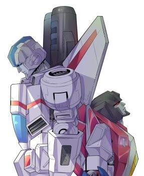 2boys aerialbot airplane_wing back-to-back blue_eyes height_difference helmet humanoid_robot jetfire lantana0_0 machine mecha multiple_boys red_eyes robot science_fiction starscream the_transformers_(idw) transformers white_background