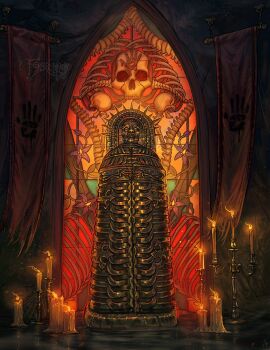 artist_name candle feyspeaker fire highres indoors iron_maiden no_humans solo stained_glass the_elder_scrolls the_elder_scrolls_v:_skyrim watermark