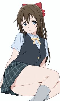 1girl black_vest blue_eyes blue_shirt bow breasts brown_hair commentary dania7x dress_shirt expressionless green_skirt grey_socks hair_between_eyes hair_bow hands_on_ground highres legs_together long_hair looking_at_viewer love_live! love_live!_nijigasaki_high_school_idol_club medium_breasts miniskirt neck_ribbon nijigasaki_school_uniform osaka_shizuku pleated_skirt red_bow ribbon school_uniform shirt short_sleeves simple_background sitting skirt socks solo straight_hair tareme thighs vest white_background yellow_ribbon
