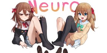 2girls absurdres aqua_bow aqua_bowtie asymmetrical_legwear badge black_cardigan black_panties black_socks black_thighhighs blue_eyes blue_sailor_collar blue_skirt bow bowtie broken_heart broken_heart_hair_ornament brown_hair button_badge cardigan character_name closed_mouth collared_shirt commentary_request covering_privates dress_shirt ebsuiiote evil_neuro-sama evil_neuro-sama_(1st_costume) from_side full_body grey_skirt hair_between_eyes hair_ornament hair_ribbon heart heart_hair_ornament highres long_hair long_sleeves looking_at_viewer multiple_girls neuro-sama neuro-sama_(1st_costume) no_shoes open_mouth panties pleated_skirt red_bow red_bowtie red_eyes red_ribbon ribbon sailor_collar shirt shoes siblings simple_background single_sock single_thighhigh sisters sitting skirt skull_hair_ornament socks thighhighs torn_ribbon triangle_mouth twins two_side_up underwear uneven_legwear unworn_shoes vedal_ai virtual_youtuber white_background white_shirt yellow_cardigan
