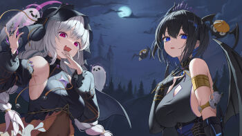 2girls armlet belt black_belt black_hair black_horns black_nails black_wings blue_eyes braid breasts castle cleavage cleavage_cutout clothing_cutout cloud commentary emma_0215 english_commentary fang ghost gloves gold_armlet halloween highres horns jewelry moon multiple_girls night open_mouth original partially_fingerless_gloves pink_eyes scar scar_on_arm single_horn skin_fang twin_braids upper_body white_hair wings