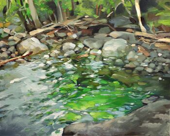 Rule 34 | bilingual commentary, chinese commentary, commentary, day, english commentary, highres, mixed-language commentary, no humans, oil painting (medium), original, outdoors, painting (medium), patton wang, rock, scenery, stream, traditional media, water