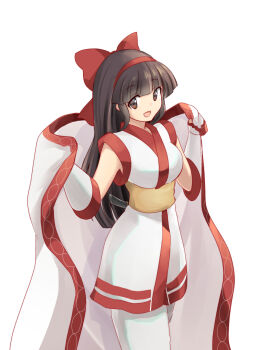 1girl ainu_clothes arms_up black_hair breasts brown_eyes cloak fingerless_gloves gloves hair_ribbon highres large_breasts legs long_hair looking_at_viewer nakoruru open_mouth pants ribbon samurai_spirits smile snk solo source_request the_king_of_fighters thighs tongue weapon