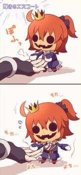 0nodera 1girl ahoge blue_jacket chibi commentary_request crown cu_chulainn_(caster)_(fate) cu_chulainn_(fate) fate/grand_order fate_(series) fingerless_gloves fujimaru_ritsuka_(female) fujimaru_ritsuka_(female)_(halloween_royalty) full_body gloves jacket one_side_up orange_hair pumpkin_head size_difference solo_focus translation_request
