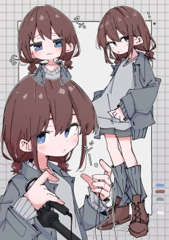 ... 1girl :3 absurdres aomoringo blue_eyes boots brown_boots brown_hair collared_jacket color_guide commentary_request dot_nose girls_band_cry grey_background grey_jacket grey_shorts grey_socks grey_sweater grid_background highres holding holding_microphone iseri_nina jacket loose_socks microphone microphone_stand open_clothes open_jacket short_shorts shorts smug socks solo standing sweater v-neck
