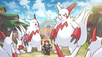 1boy :< :d :o arrow_(symbol) bridge brown_footwear building claws closed_eyes closed_mouth cloud commentary_request day facing_viewer gen_3_pokemon hat hiraisaki jacket looking_down male_focus nintendo on_one_knee open_mouth outdoors pants pokemon pokemon_(creature) pokemon_legends:_arceus red_hat rei_(pokemon) shoes sky sleeping smile teeth translation_request upper_teeth_only white_fur window yawning zangoose zzz