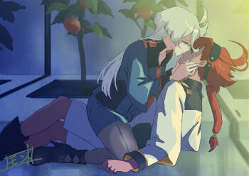 2girls asticassia_school_uniform black_boots black_hairband black_pantyhose boots commentary_request green_jacket green_shorts grey_eyes gundam gundam_suisei_no_majo hairband hands_on_another&#039;s_face high_heel_boots high_heels highres imminent_kiss jacket long_hair miorine_rembran monto_(user_dmde2437) multiple_girls pantyhose parted_lips plant ponytail red_hair school_uniform shorts straddling tomato white_hair white_jacket white_shorts yuri