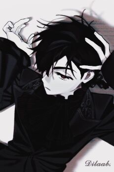 Rule 34 | 1boy, alien stage, alternate costume, black coat, black shirt, coat, frilled shirt, frills, hand on own head, ivan (alien stage), looking at viewer, male focus, red pupils, reichsadler, shadow, shirt, short hair, solo, spot color, vaaller