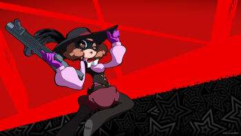 1girl adjusting_clothes adjusting_headwear ascot atlus bandolier belt black_background black_boots black_feathers black_hat black_mask black_vest boots breasts brown_eyes brown_hair buttons commentary copyright_name domino_mask english_commentary eye_mask feathers fluffy fluffy_hair gloves gold_buttons grenade_launcher gun hat highres holding holding_gun holding_weapon long_sleeves mask noir_(persona_5) official_art okumura_haru one_eye_closed oribe_hanako persona persona_5 persona_5_tactica phantom_thief pink_shirt pink_sweater puffy_sleeves purple_gloves red_background red_shorts second-party_source shirt short_hair shorts solo star_(symbol) star_symbol_background sweater vest weapon white_ascot