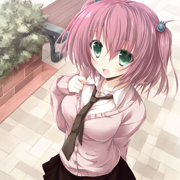 1girl :d bench blush cardigan female_focus grey_eyes hair_bobbles hair_ornament jacket kurumi_(suien) necktie open_mouth original red_hair shirt short_hair skirt smile solo square-end_necktie suien twintails two_side_up