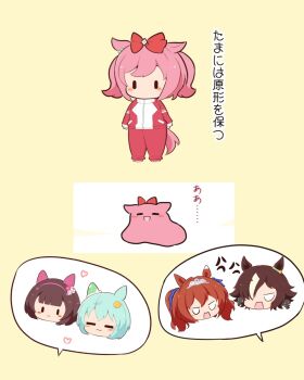 5girls :3 agnes_digital_(umamusume) anger_vein animal_ears blank_eyes blue_ribbon blunt_bangs blush bow brown_hair chibi chibi_only closed_eyes closed_mouth commentary_request daiwa_scarlet_(umamusume) ear_covers flower gomashio_(goma_feet) green_hair hair_bow hair_flower hair_ornament hair_ribbon highres horse_ears horse_girl horse_tail jacket long_sleeves multiple_girls nishino_flower_(umamusume) no_mouth open_mouth orange_hair pants pink_hair red_bow red_jacket red_pants red_shoes ribbon seiun_sky_(umamusume) shoes short_hair single_ear_cover smile speech_bubble standing tail tiara tracen_training_uniform track_jacket translation_request twintails umamusume vodka_(umamusume) yellow_background |_|