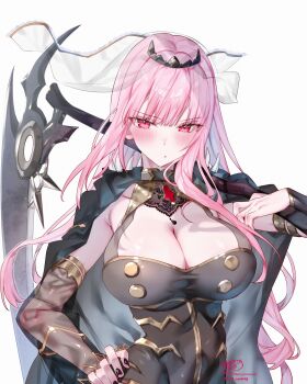 1girl absurdres armlet artist_name black_cape black_dress black_nails black_sleeves black_tiara blush breasts cape cleavage closed_mouth collarbone commentary_request detached_sleeves dress fingernails hand_on_own_hip highres hip_bones holding holding_scythe hololive hololive_english jewelry kamiya_maneki lace-trimmed_veil lace_trim large_breasts long_hair long_sleeves looking_at_viewer mori_calliope mori_calliope_(1st_costume) nail_polish pink_eyes pink_hair scythe see-through_clothes see-through_sleeves see-through_veil signature simple_background single_bracer single_detached_sleeve solo tiara twitter_username veil virtual_youtuber white_background