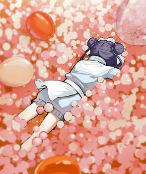 Rule 34 | 1girl, absurdres, apron, balloon, black hair, blue shirt, blue skirt, commentary, double bun, english commentary, face down, firehippo, gangzi (vtuber), hair bun, highres, lying, on stomach, shirt, skirt, solo, stellive, virtual youtuber, waist apron, white apron